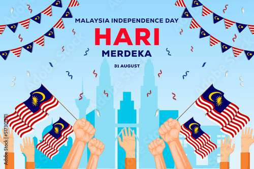 malaysia independence day 31 august background illustration with hands holding malaysian flags