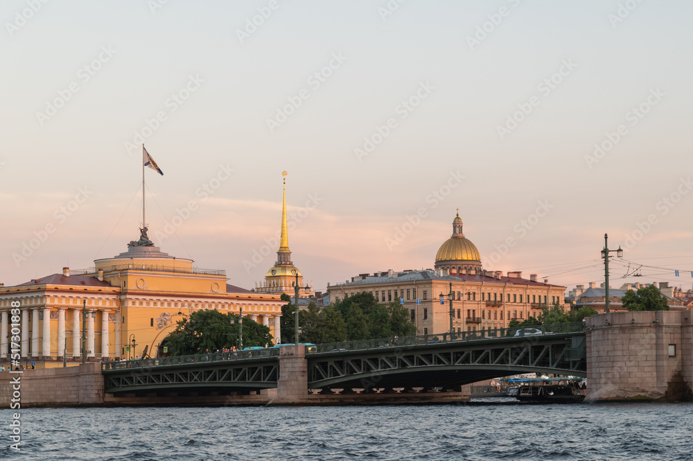 View of the palace bridge, the Admiralty spiers and the dome of St. Isaac's Cathedral in St. Petersburg.