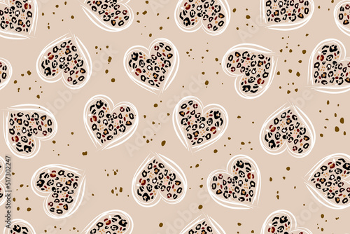 Heart signs seamless pattern and stylized leopard pattern inside the heart. Pink concept background Love, beauty, fashion. Line drawing and spots of animal skin.