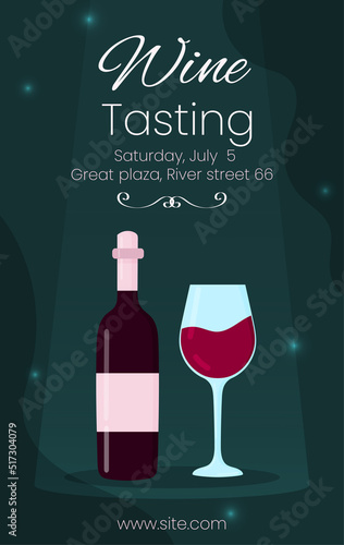 Brochures, posters, invitation cards template for promotion design of wine tasting party. Wine glass with bottle on green background. Vector illustration