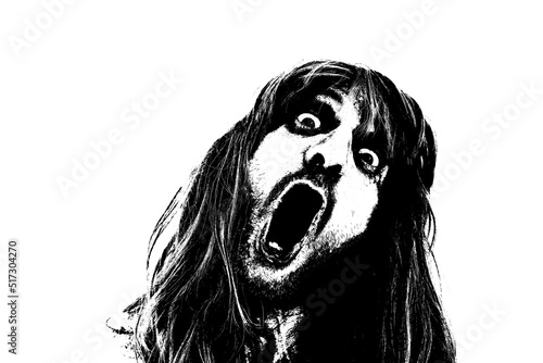Silhouette of a screaming man's face with very long hair and black eyes, feeling of fear, screaming from beyond the grave, specter with long hair, horror and panic, hard rock singer, ugly devil