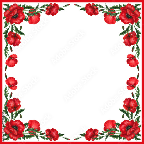 Floral ornament in square from red poppies flowers, buds, green leaves and frame. Design for head cover, card, invitation with empty place for text.
