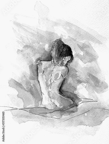 Beautiful naked girl, silhouette, hand painted in watercolor on paper. Erotic watercolor illustration. Postcard design. Modern Art.   Color of the Year