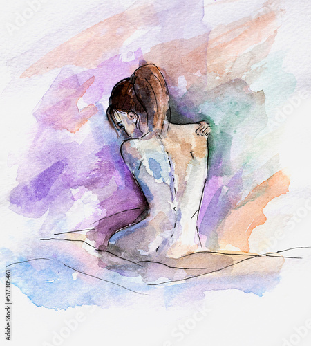 Beautiful naked girl, silhouette, hand painted in watercolor on paper. Erotic watercolor illustration. Postcard design. Modern Art.   Color of the Year