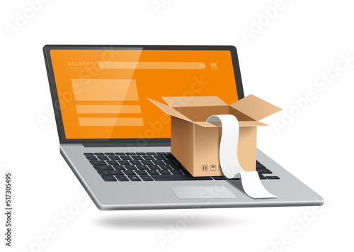 Receipt paper flower from an empty brown box that has been opened and all object place on laptop computer,vector 3d isolate for online shopping,delivery,transport advertising concept design