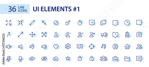 Simple line art UI elements icons set. Arrows, file type, clock, messages etc. Pixel perfect, editable stroke