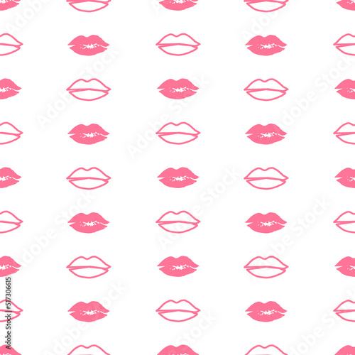 seamless pattern of pink prints of female lips on a white background. Background for design valentine s day