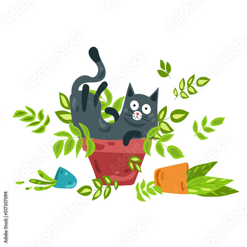 A black cat sits in a potted flower. The prankster cat turned over all the flowers. Vector illustration