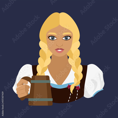 The profile picture shows a woman with two braids in a Dirndl costume, holding a wooden mug with German beer in her hand. Historical costumes. Flat illustration.