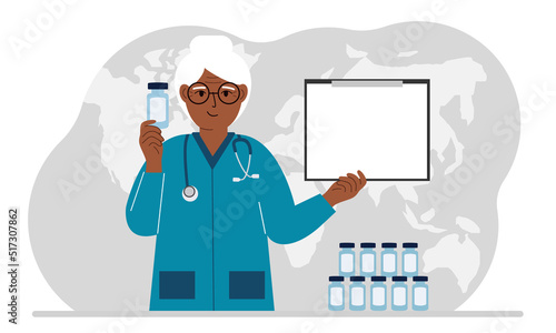 Pandemic, vaccination and health concept. Doctor with a bottle of vaccine. Vector flat illustration.