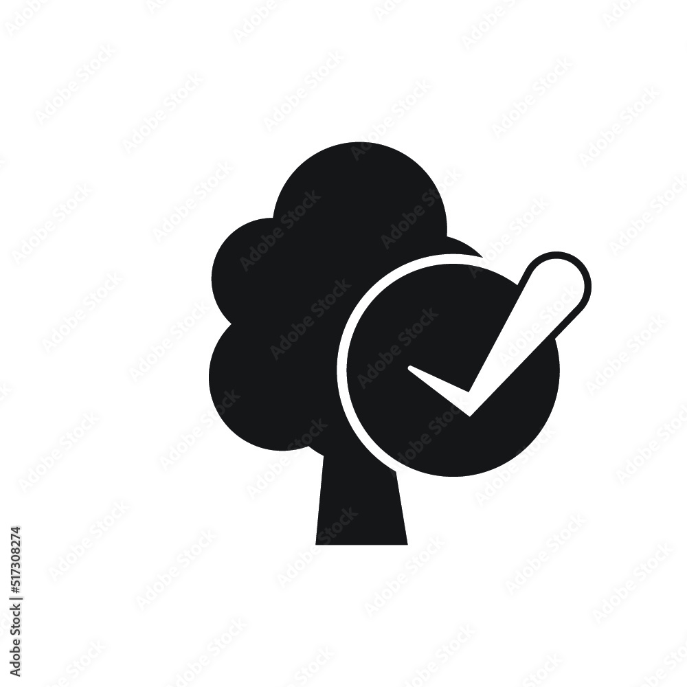 Green tree with ok tick. Valid seal. Save forest, wood resources emblem. Nature check. Safety environment. Healthy food and drink. Ecology, eco friendly sticker. Organic, nature care Green tree with ok tick. Valid seal. Save forest, wood resources emblem. Nature check. Safety environment. Healthy food and drink. Ecology, eco friendly sticker. Organic, nature care