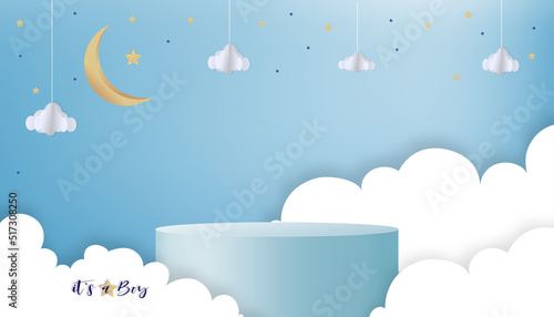 Vector for baby boy shower card on blue background,Cute Paper art abstract origami cloudscape, crescent moon and stars on blue sky and 3D podium,Paper cut with copy space for baby's photos