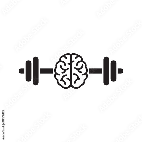 Black brain with dumbbells icon. Intellect, phsychology, knowledge simple pictogram isolated on white. flat illustration. Creative brain train logo
