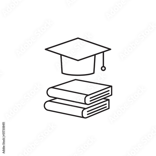 stack of books with graduation cap or mortar board. line icon Isolated on white. Flat reading icon illustration. Education logo