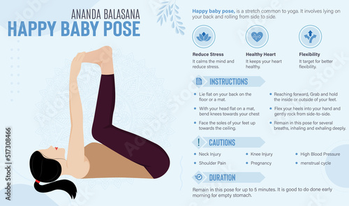 Happy Baby Pose Guide and benefits: Yoga poses vector illustration