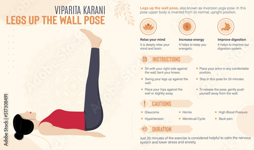 Legs up the Wall Pose Guide and benefits: Yoga poses vector illustration