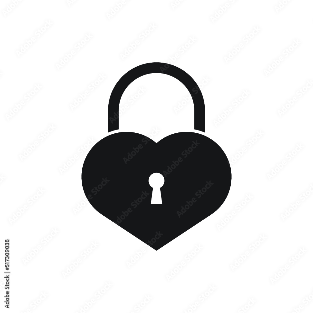 Black isolated icon of unlocked heart shape lock on white background. Silhouette of locked heart shape lock. Flat design Black isolated icon of unlocked heart shape lock on white background. Silhouette of locked heart shape lock. Flat design