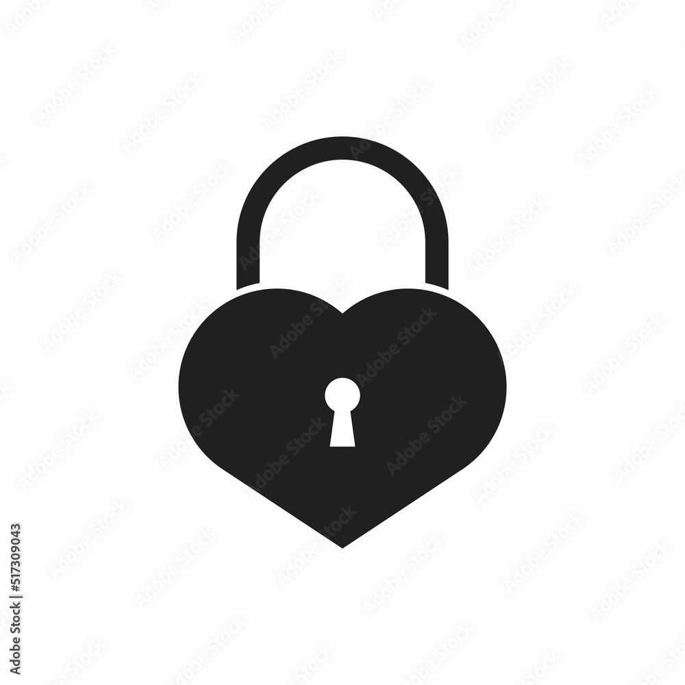 Black isolated icon of unlocked heart shape lock on white background. Silhouette of locked heart shape lock. Flat design Black isolated icon of unlocked heart shape lock on white background. Silhouette of locked heart shape lock. Flat design