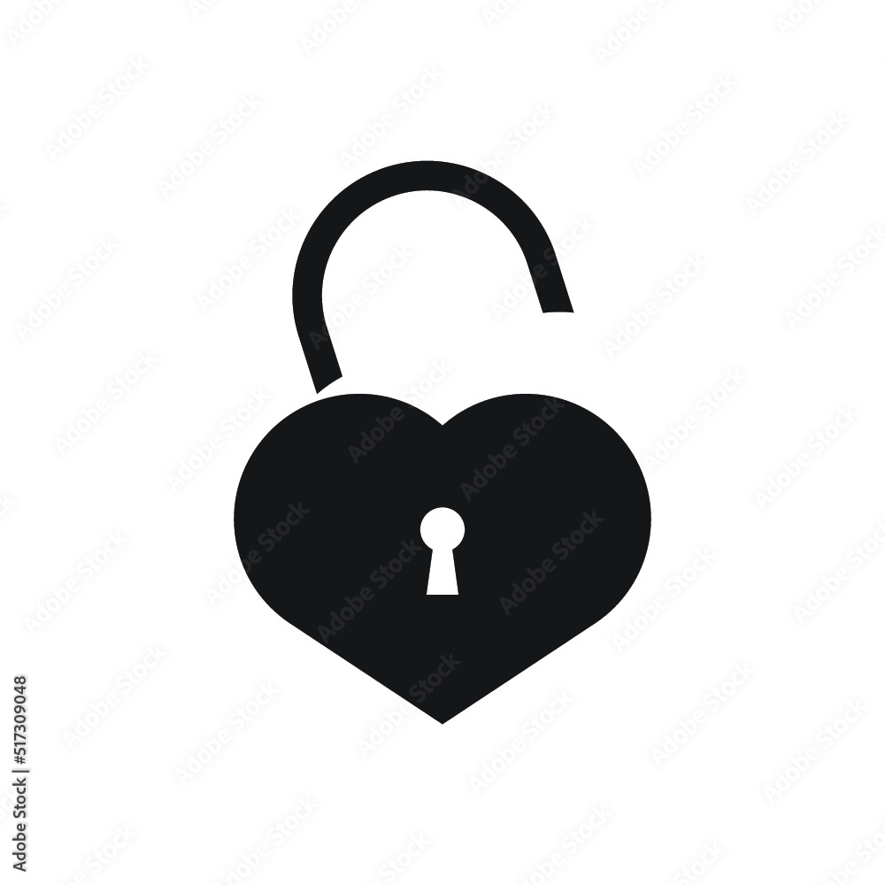 Black isolated icon of unlocked heart shape lock on white background. Silhouette of unlocked heart shape lock. Flat design Black isolated icon of unlocked heart shape lock on white background. Silhouette of unlocked heart shape lock. Flat design