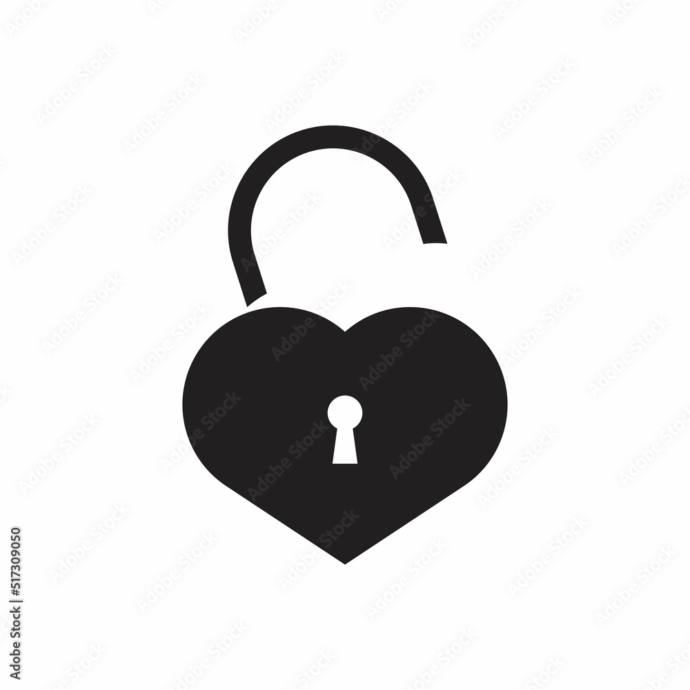 Black isolated icon of unlocked heart shape lock on white background. Silhouette of unlocked heart shape lock. Flat design Black isolated icon of unlocked heart shape lock on white background. Silhouette of unlocked heart shape lock. Flat design
