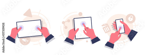 set concept of hand holding digital tablet with blank screen,flat design icon vector illustration