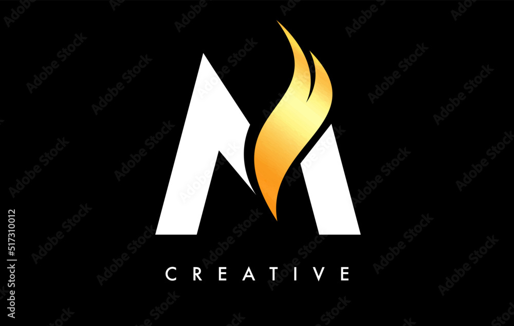 Letter M Logo Icon Design with Golden Swoosh and Creative Curved Cut Shape Vector Letter M Logo Icon Design with Golden Swoosh and Creative Curved Cut Shape Vector