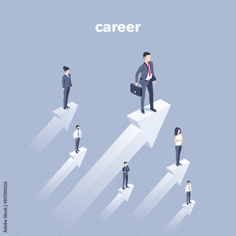 isometric vector illustration on a gray background, white arrows rising up and people in business clothes on them, career growth