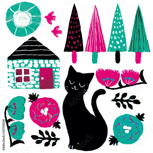 Set of vector cat, birds, sun, house, trees and frowers pink and green paint.