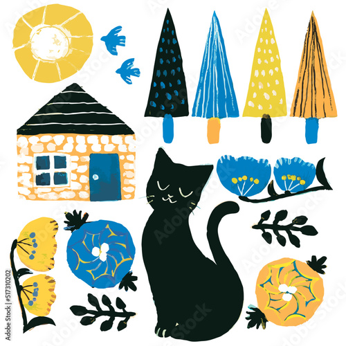 Set of vector cat, birds, sun, house, trees and frowers yellow and blue paint.