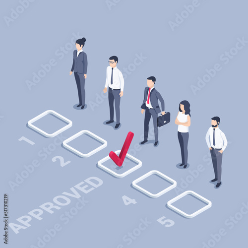 isometric vector illustration on a gray background, men and women in business clothes stand near the empty fields and in front of one there is a red checkmark, approved for the position