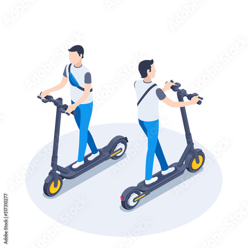 isometric vector illustration on a white background, a man on an electric scooter front and back view, a vehicle for fun and everyday driving or time rent