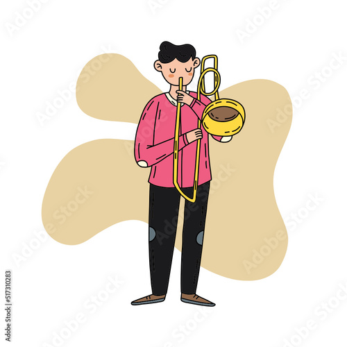 Music player flat hand drawn illustration. Simple line vector character design. Summer music illustration. Musician with instrument cartoon drawing isolated on white background.