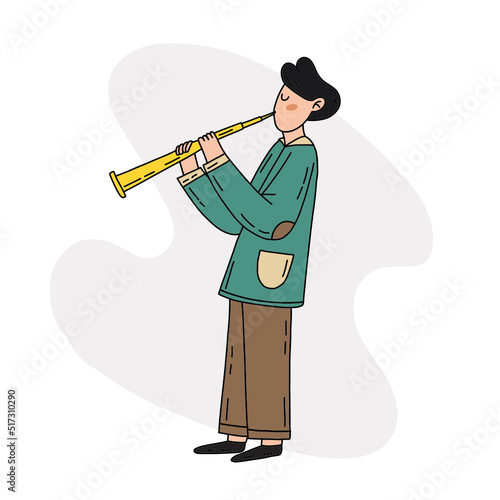 Music player flat hand drawn illustration. Simple line vector character design. Summer music illustration. Musician with instrument cartoon drawing isolated on white background.