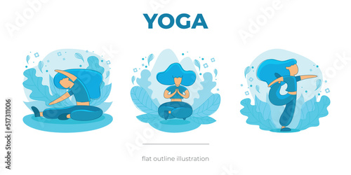 Yoga flat outline illustration blue colored, for web and polygraphy design, rounded shapes, set of three poses.