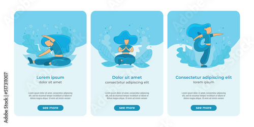 UI design of web site or application with yoga flat outline illustration blue colored, rounded shapes, set of three poses, with titles, descriptions and buttons.
