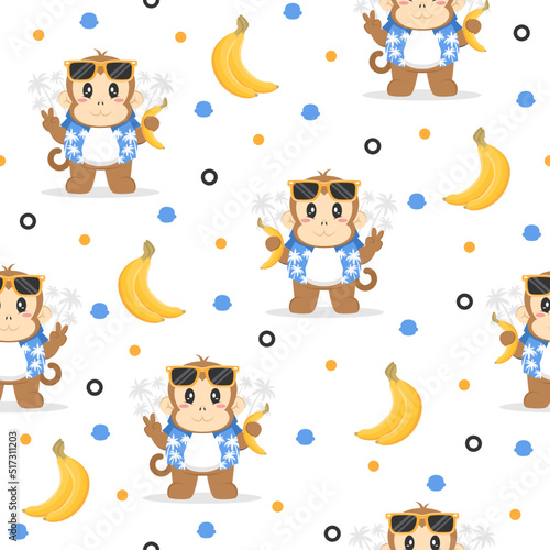 Cute banana monkey cartoon trendy pattern background concepts.