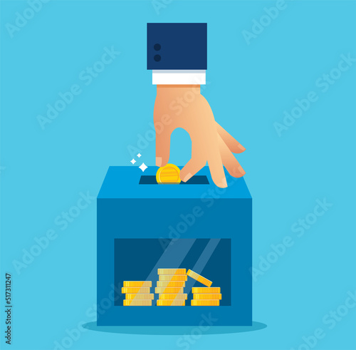 hand putting coin into a box for donations. vector illustration