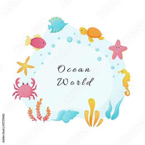 Underwater ocean world illustration. Colorful marine life, fish, algae and corals. Vector illustration.