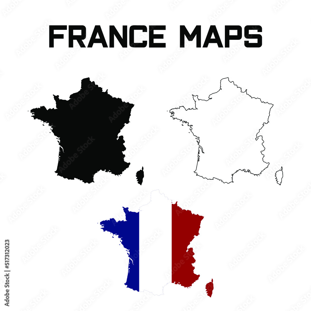 france country map, france map vector outline and france map with country flag isolated on white