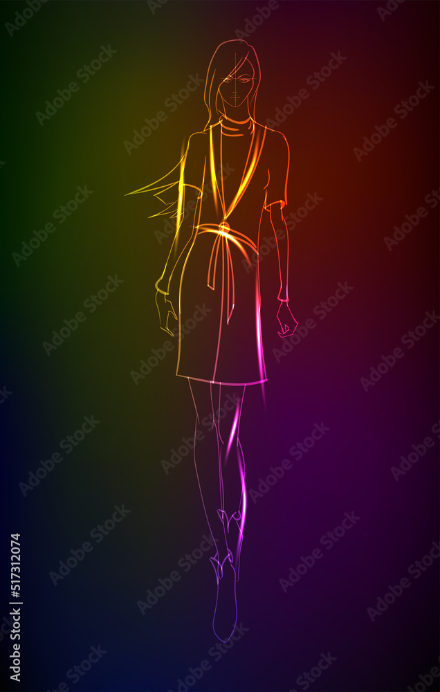 Hand-drawn fashion model from a neon. A light girls. Fashion girls. Stylish fashion model. Fashion woman
