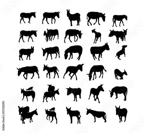 Collection of black silhouettes donkeys.