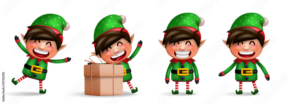 Elf christmas characters vector set. Elves 3d kids character in friendly and cute faces standing and isolated in white background for xmas collection design. Vector illustration.
 - obrazy, fototapety, plakaty 