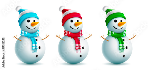 Snowman christmas character vector set. Snow man 3d characters with cute and kids friendly faces in colorful scarf and hat for xmas collection design. Vector illustration.
