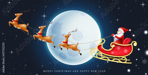 Christmas eve vector design. Santa claus riding sleigh on christmas night flying with reindeer characters and moon element for holiday evening celebration. Vector illustration.
