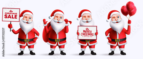 Santa christmas character vector set. Santa claus 3d characters isolated in white background with standing, waving and holding pose and gesture for xmas friendly collection design. Vector illustration