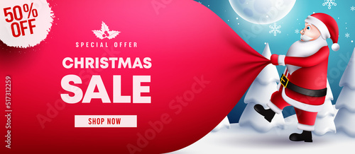 Christmas sale vector banner design. Christmas sale text with seasonal special offer discount in gift bag elements for xmas shopping promotion ads. Vector illustration.
