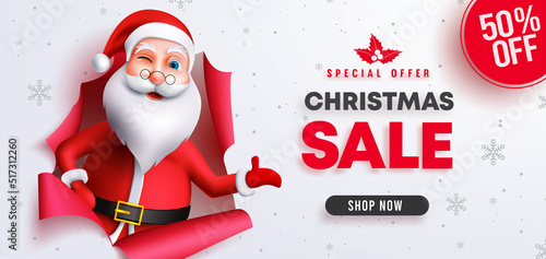 Christmas sale vector banner design. Christmas sale text in special offer promotion with seasonal santa claus character for holiday shopping discount ads. Vector illustration.
