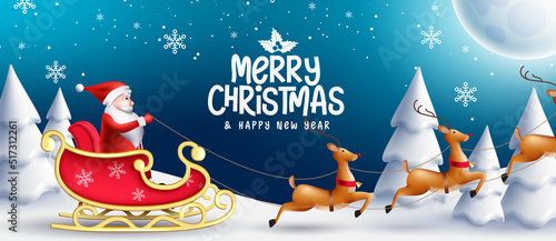 Christmas eve greeting vector design. Merry christmas text with santa claus character riding sleigh and reindeer for xmas night holiday celebration. Vector illustration.

