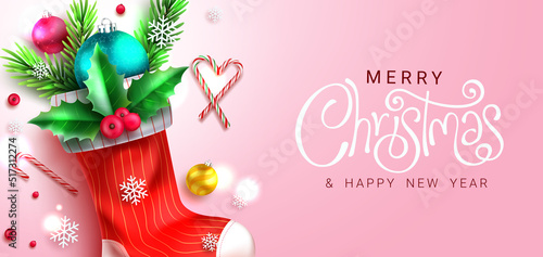 Christmas holiday greeting vector design. Merry christmas text with xmas stockings in stripes pattern and pink background for celebration messages. Vector illustration.

