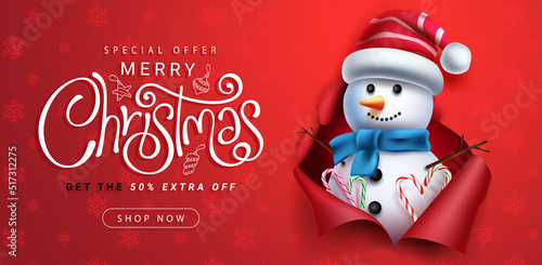 Christmas sale vector banner design. Christmas sale special offer text with seasonal snowman element for xmas shopping holiday promo. Vector illustration.
